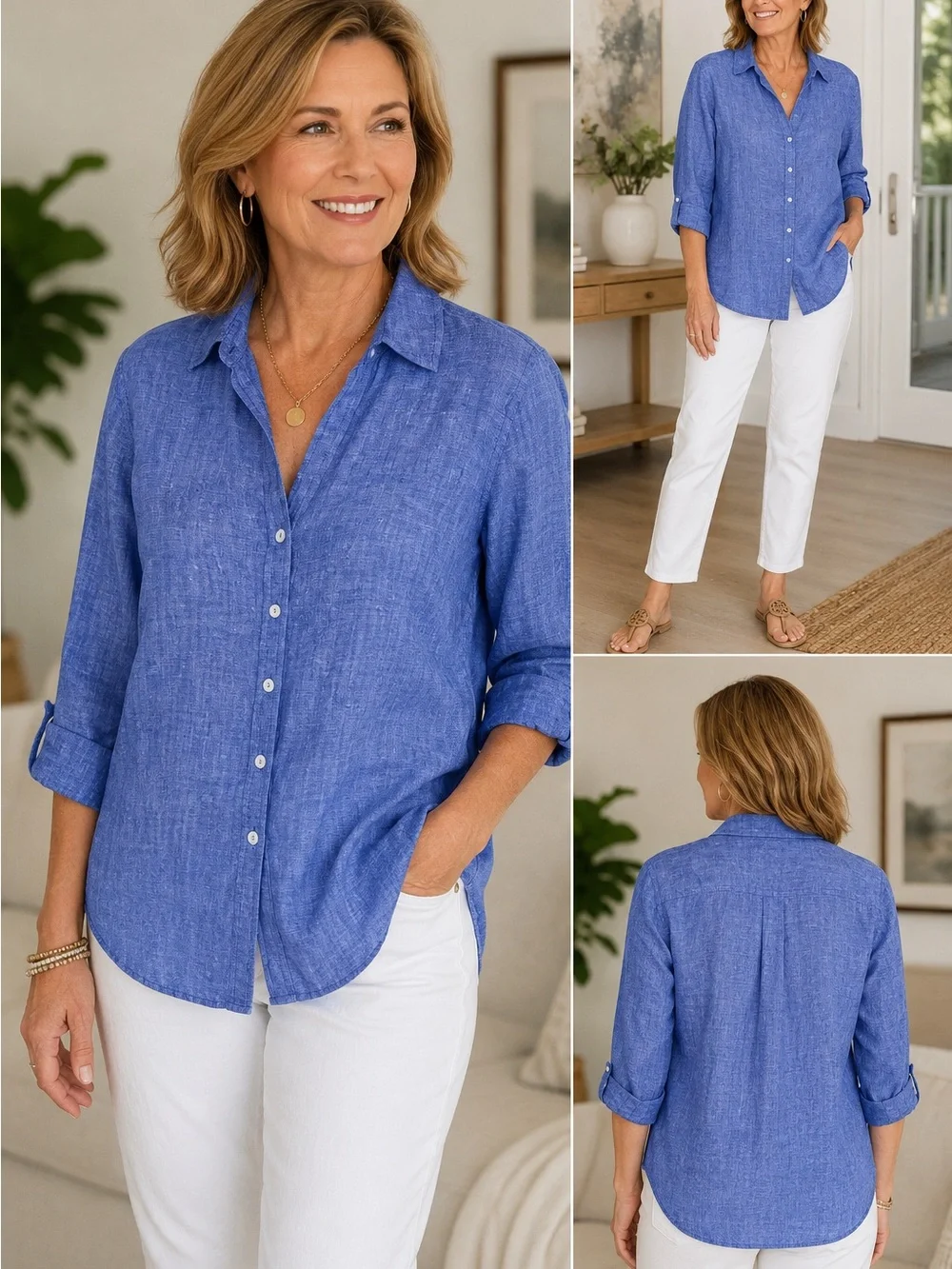 Foxcroft NYC 100% Linen Button Front Shirt XL Blue Relaxed Fit - Picture 3 of 8